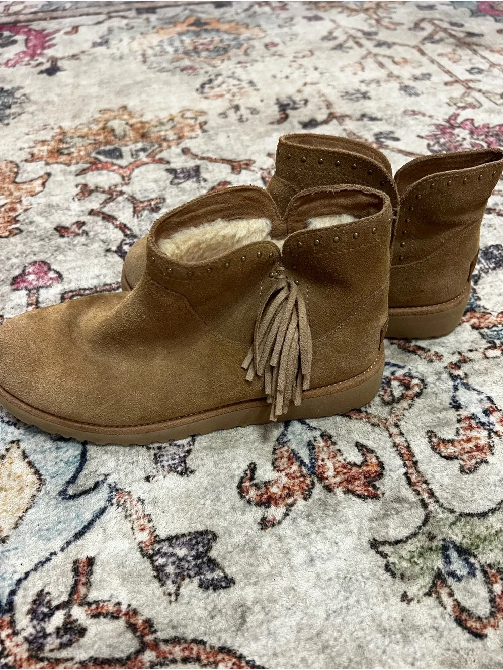 UGG Chestnut Suede Fringe Shearling Ankle Boots
